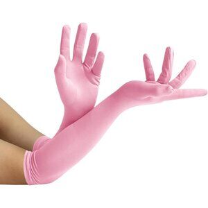 Women's Pink Elbow Length Fabric Satin Gloves Halloween Costume Accessories